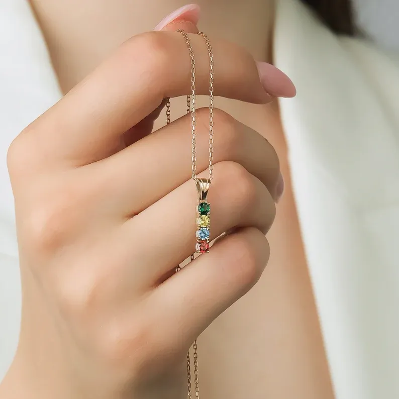 Family Birthstone Necklace Personalized 3 Stones Family Tribal Necklace for Her