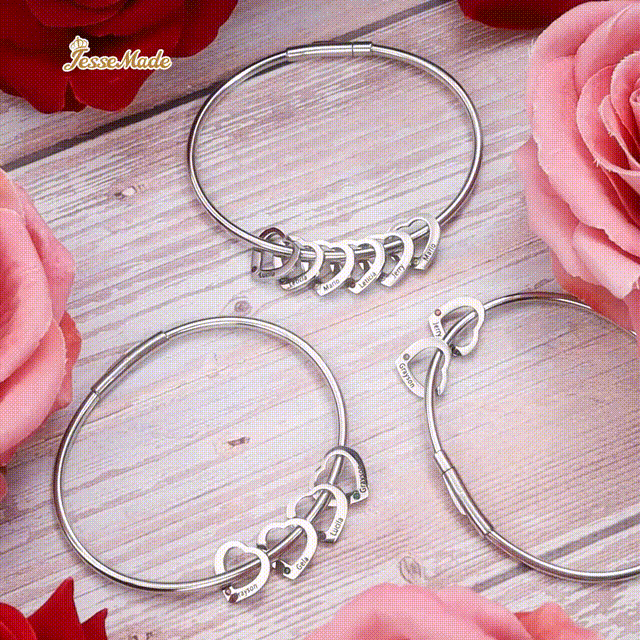 2 Names-Personalized Heart Bracelet and Necklace Set With 2 Birthstones Bangle Engraved Names Bracelet and Necklace Gift For Women