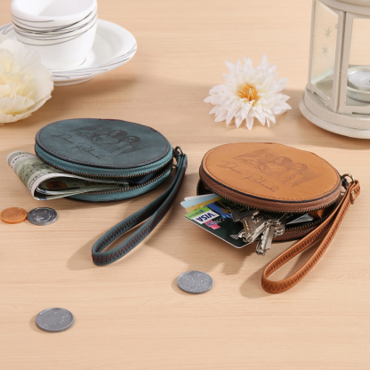 Personalized Photo Quality Leather Round Zipper Wallet Custom Text Wallet Gift for Her