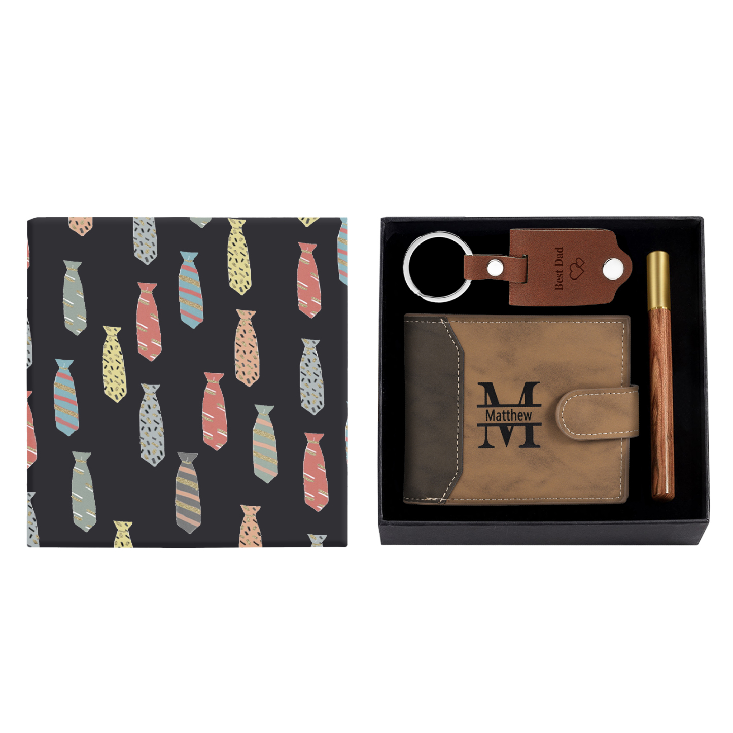 Personalized Leather Wallet Gift Box Set with Keychain Customizable Photo,Text ,Name and Letter Wallet Gift for Him