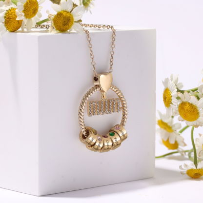 Personalized Circle Necklace With 5 Birthstones Pendant Engraved Names Gift For Mum
