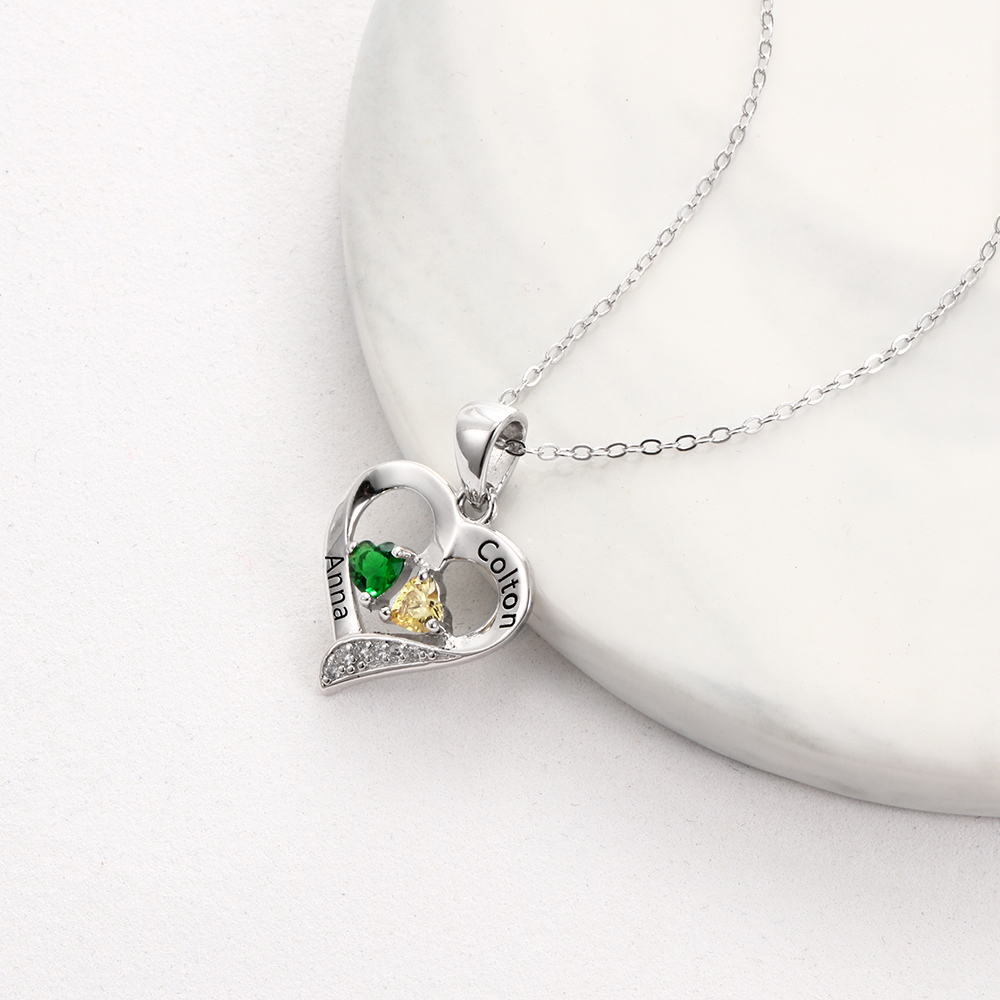 Personalized Heart Necklace With Names Custom 2 Birthstones Gifts For Women