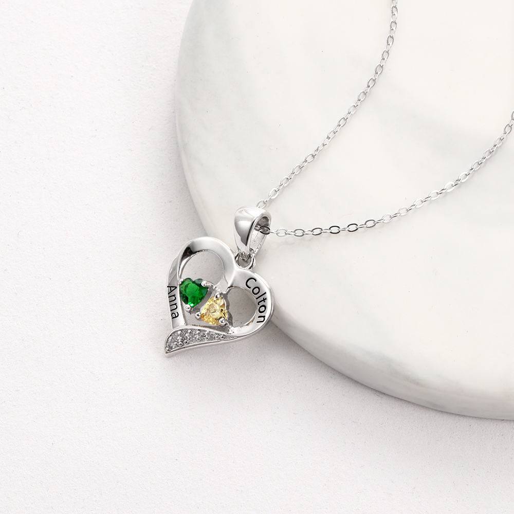 Personalized Heart Necklace With Names Custom 2 Birthstones Gifts For Women