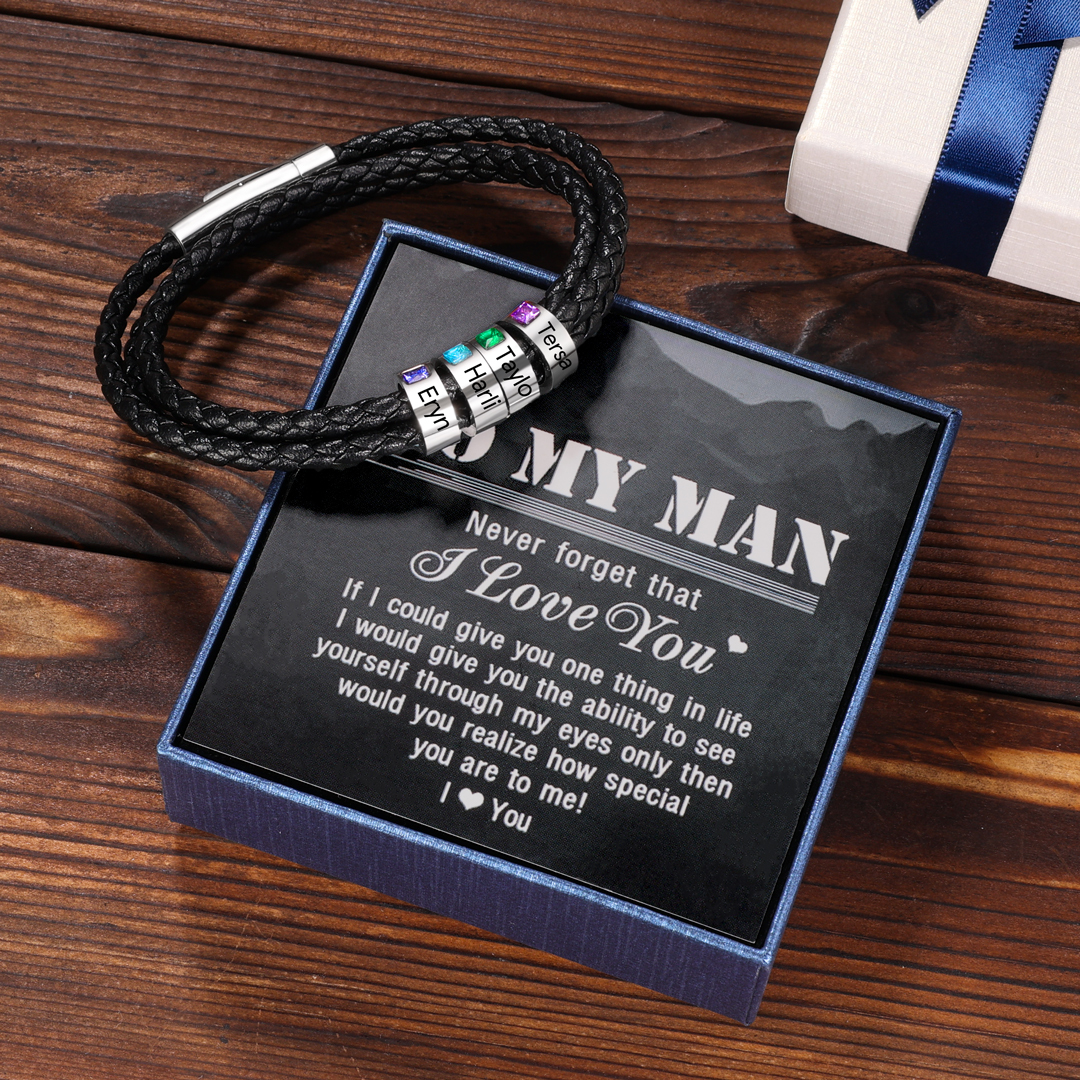 Personalized 3 Layer Leather Bracelet with 3 Beads Engraved Names Men's Bracelets for Him