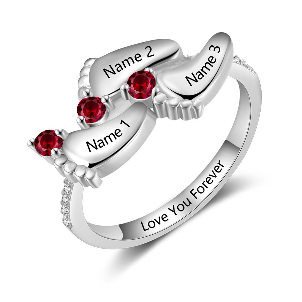 Personalized Baby Foot 925 Sliver Ring With 3 Birthstones Engraved Names Ring Gift For Women