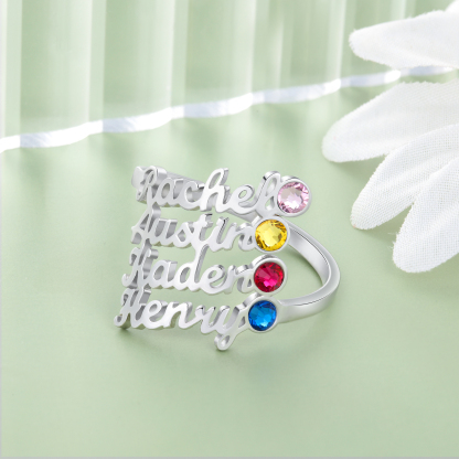 Personalized Birthstone Ring Custom 4 Names Ring Best Gift For Women