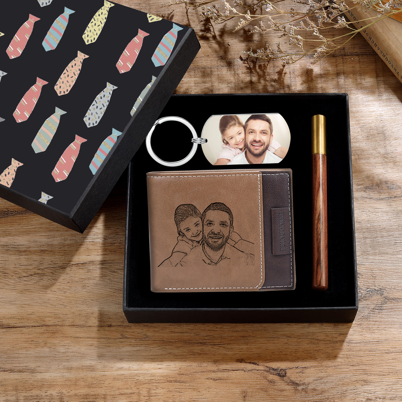 Photo Personalized Leather Wallet Gift Box Set with Keychain Customizable 2 Text  Wallet Gift for Him