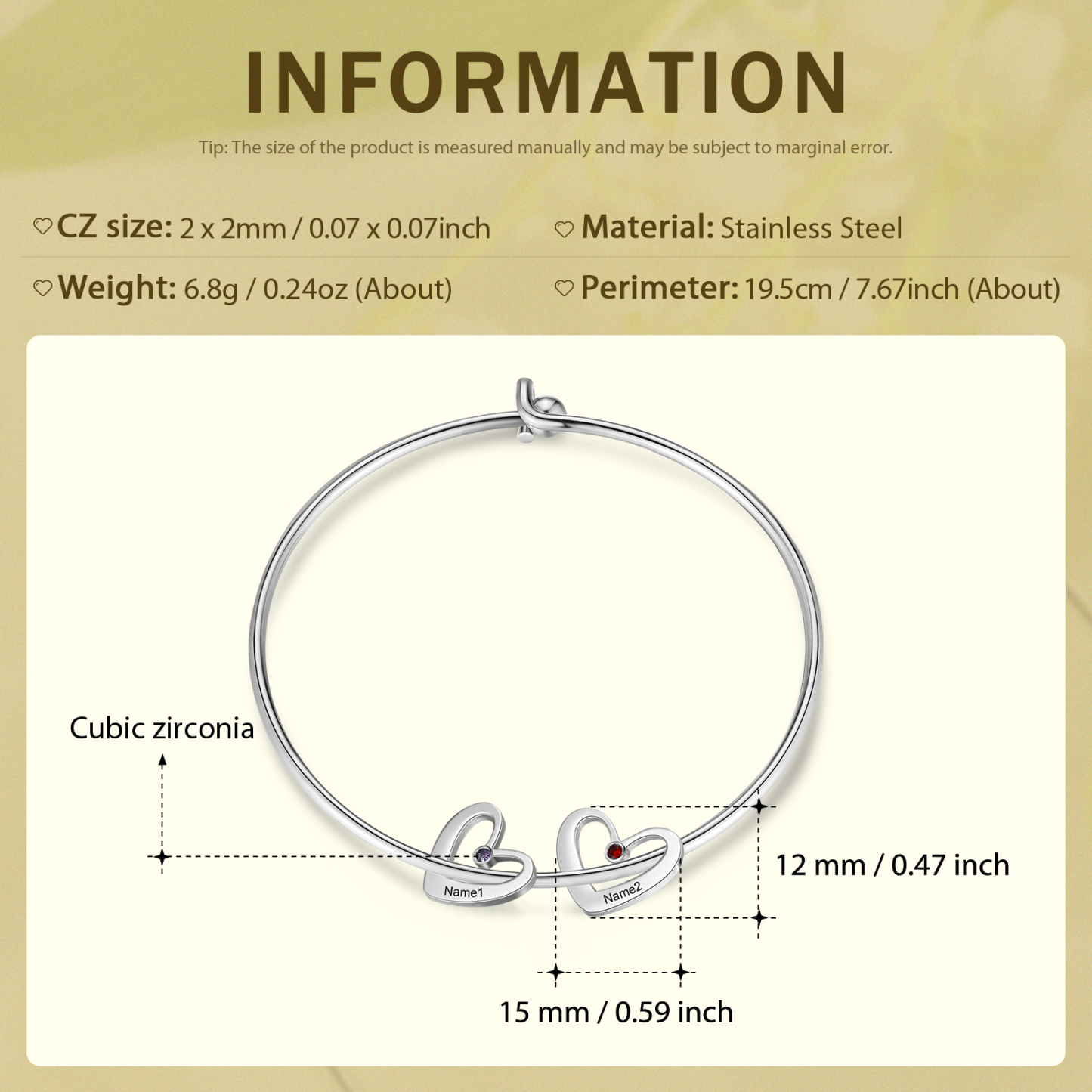 2 Names-Personalized Heart Bangle With 2 Names and Birthstones Bangle Bracelet Gifts For women