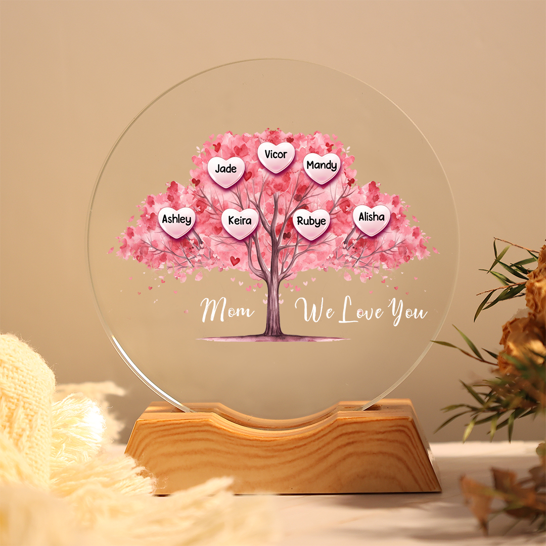 Personalized Family Tree LED Crystal Night Light with 1–7 Names for Mom