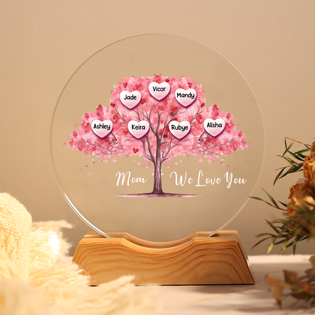 Personalized Family Tree LED Crystal Night Light with 1–7 Names for Mom