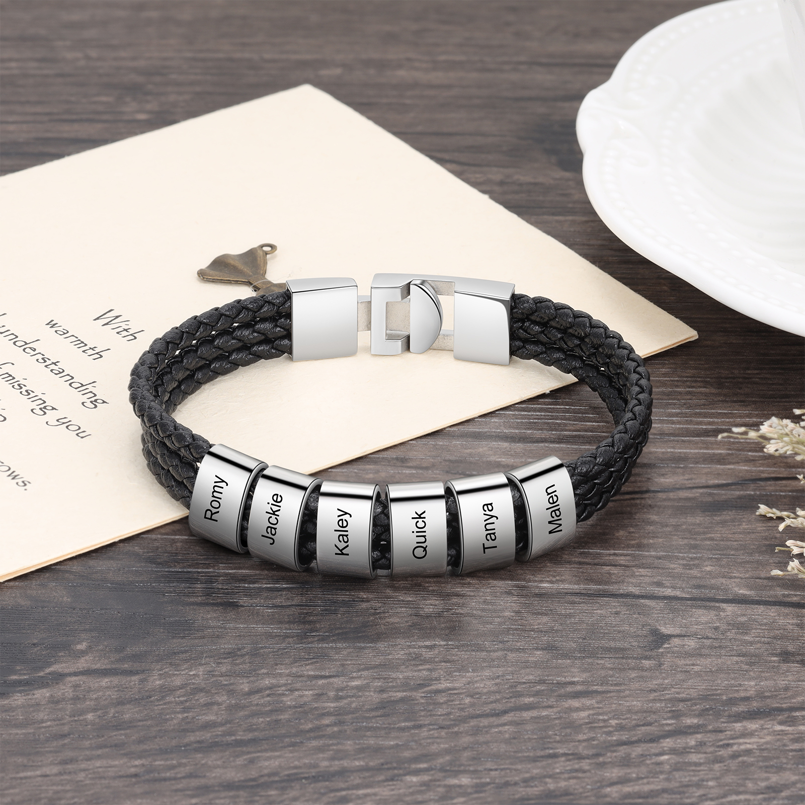 Personalized Braided Leather Bracelet Engraved 6 Names Men's Bracelet Gifts For Him