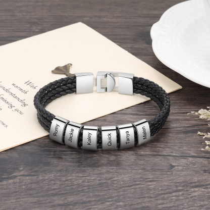 Personalized Braided Leather Bracelet Engraved 6 Names Men's Bracelet Gifts For Him
