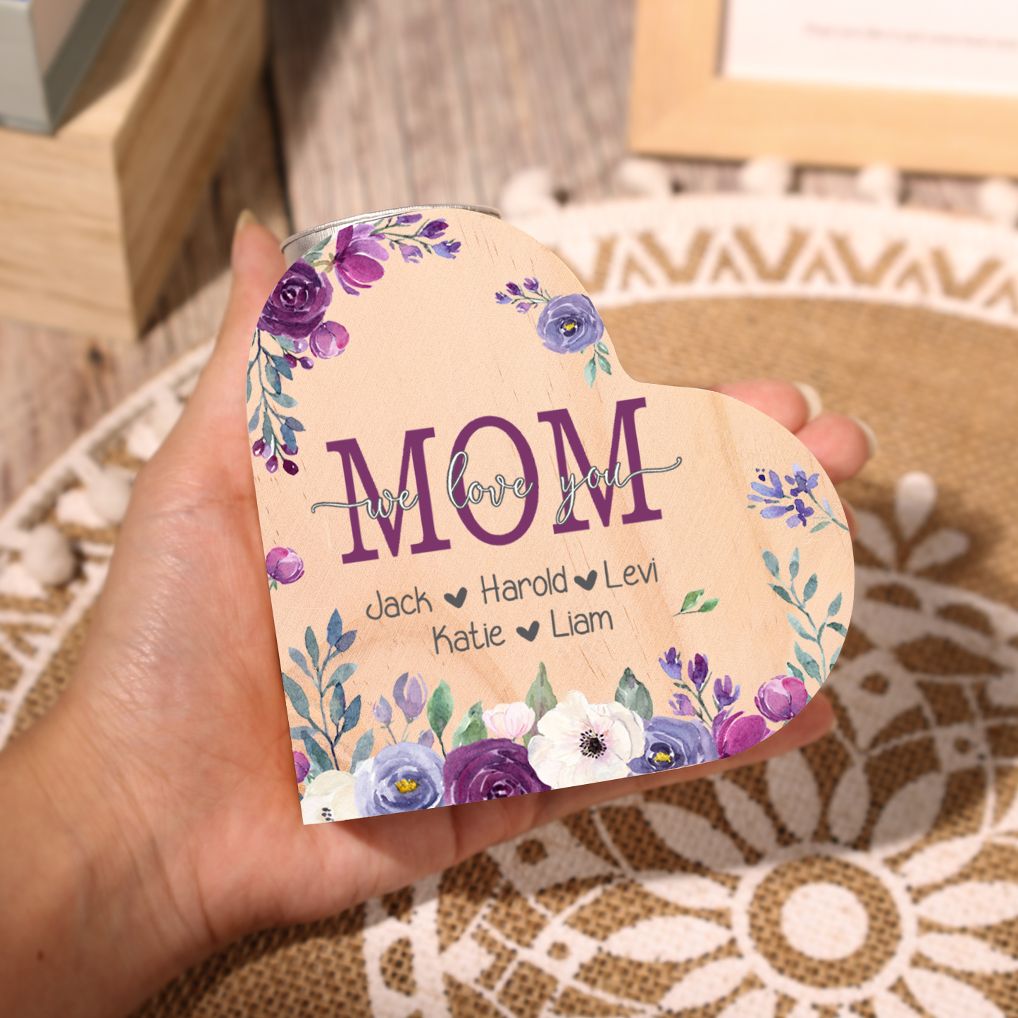 To My Mom Personalized Flower Heart Candle Holder We Love You Wooden Candlestick