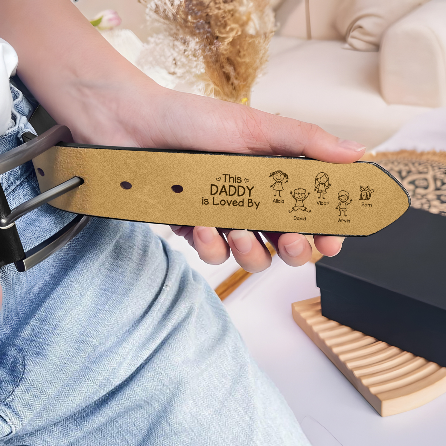 Personalized Leather Men Leather Belt For Dad Grandpa Customized With 1–10 Names And Child Figures