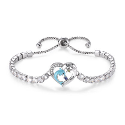 Personalized Dolphin Heart Bracelet Custom with 2 to 5 Names and Birthstones, Birthday and Mother’s Day Gift for Mom or Grandma | Jessemade