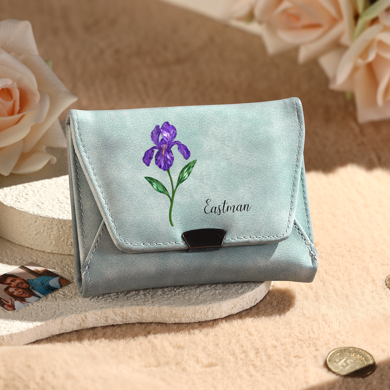 Personalized Women Leather Wallet Custom With Birth Flower And Name
