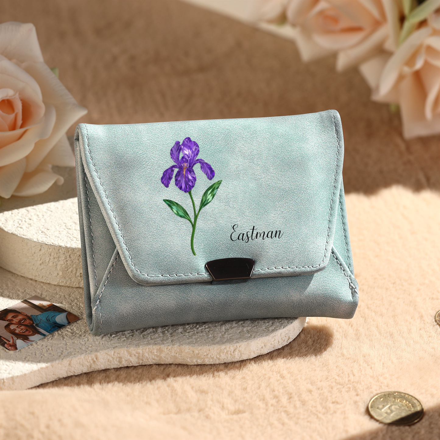 Personalized Women Leather Wallet Custom With Birth Flower And Name