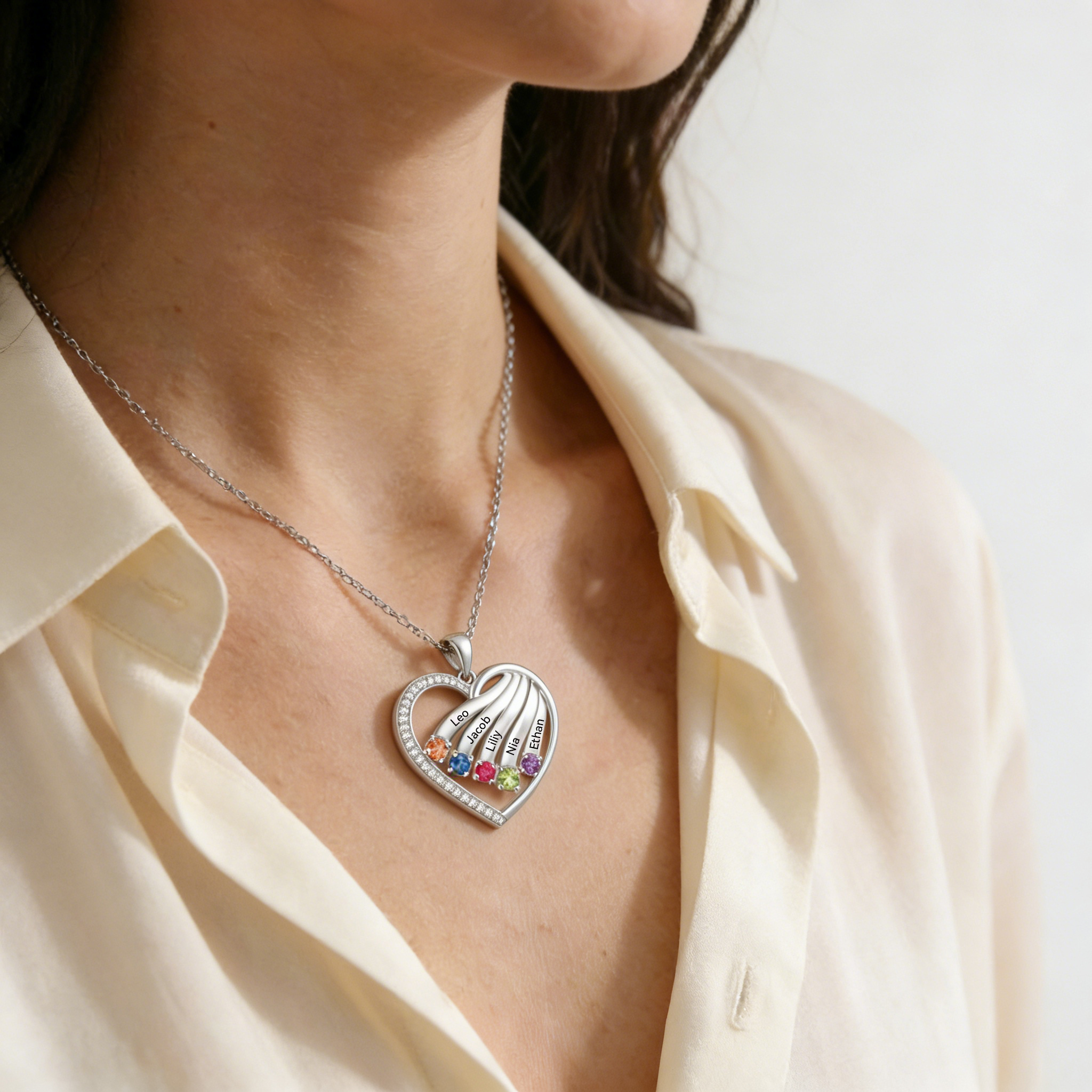 Personalized Heart Name Necklace Custom With Birthstones Engraved 4–6 Children’s Names