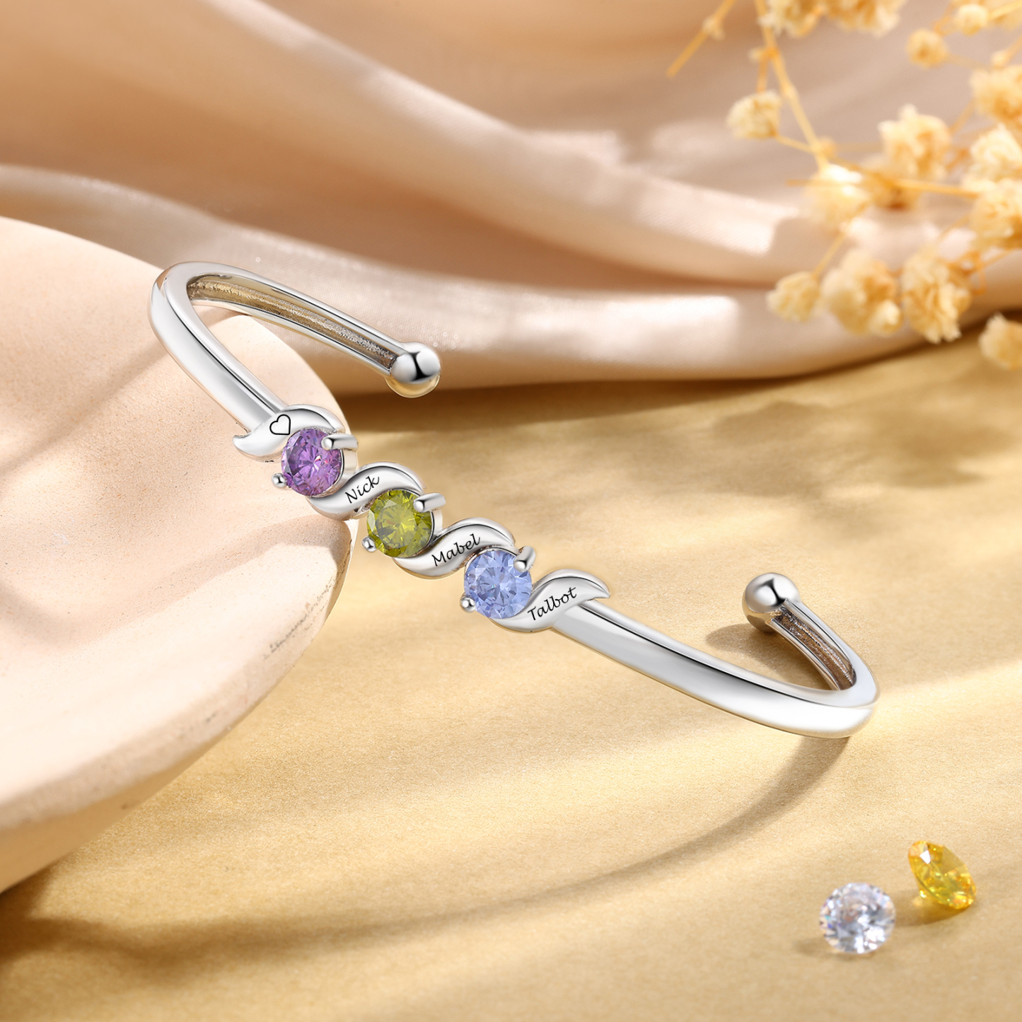 Personalized Women Birthstones Bangle Family Bracelet Customized With 1–5 Names Stones
