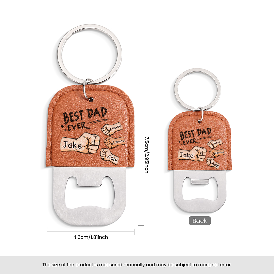 Personalized Leather Keychain With Bottle Opener For Dad Custom With 2–7 Names And Fist Bumps