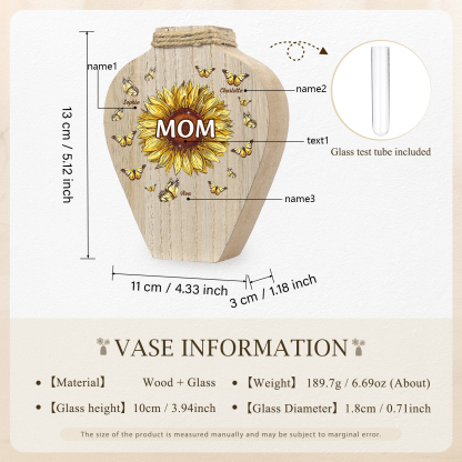 3 Names - Personalized Custom Text and Name Butterfly Style Wooden Decorative Vase as a Gift for Mom