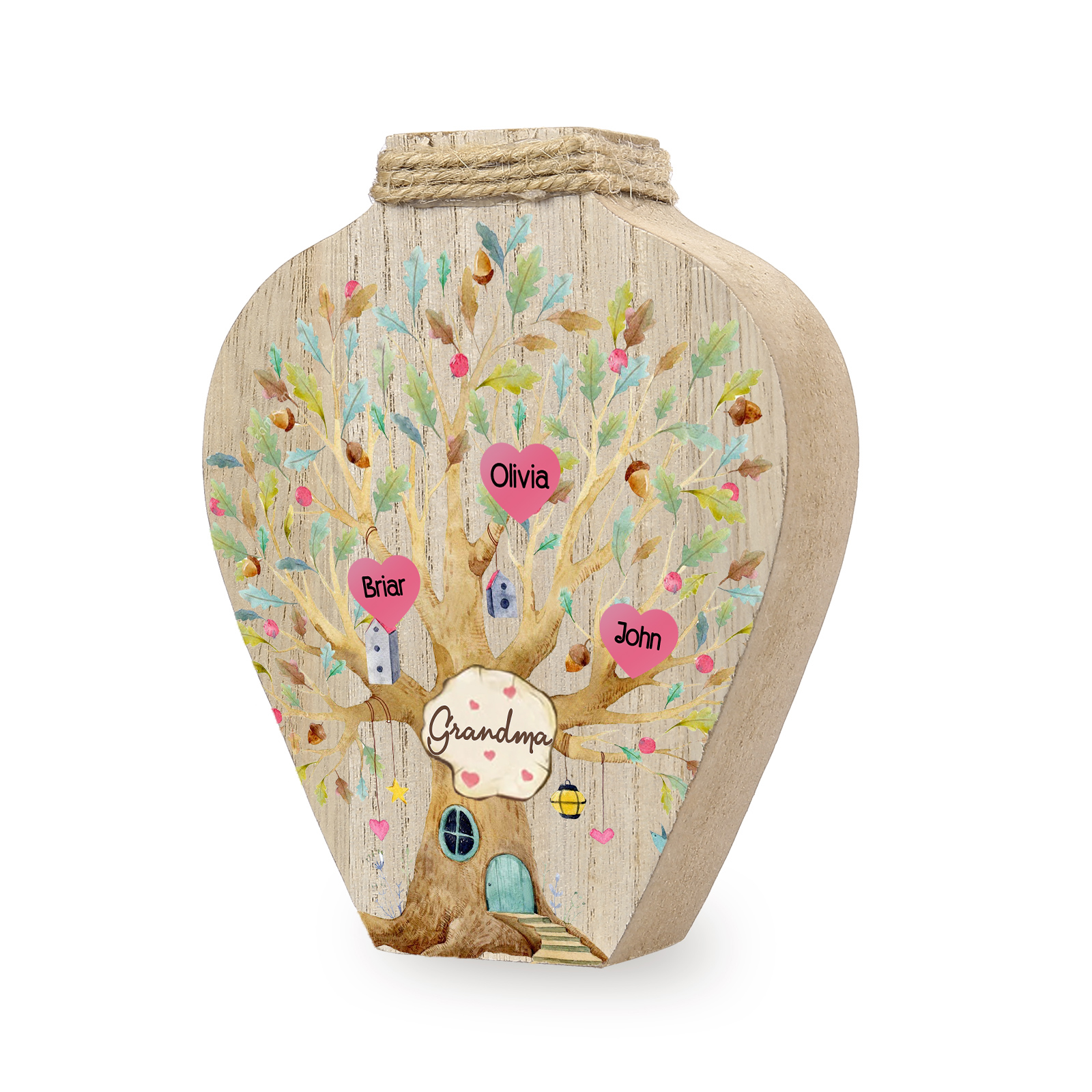 3 Names - Personalized Custom Text and Name Wooden Ornament Vase for Family