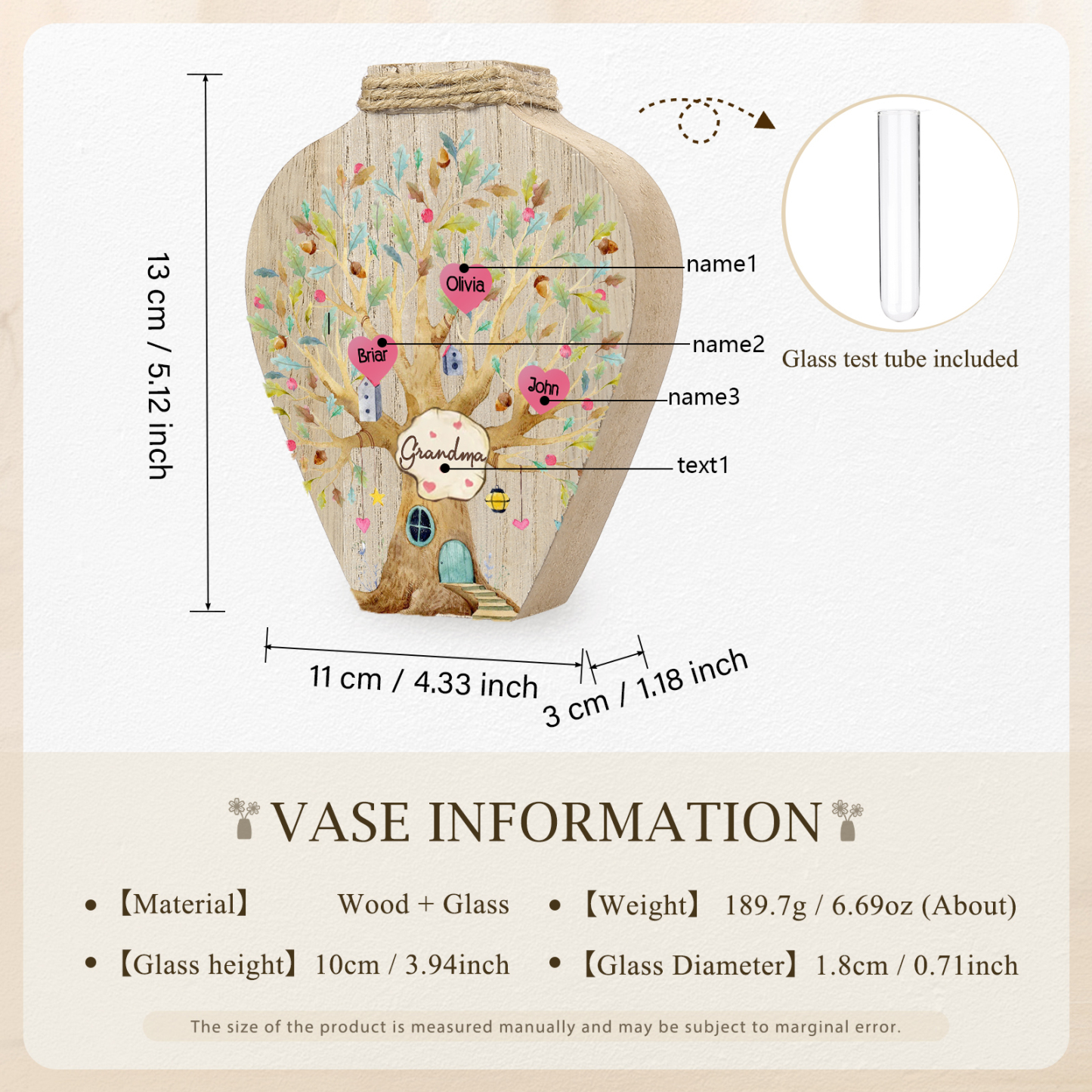 3 Names - Personalized Custom Text and Name Wooden Ornament Vase for Family