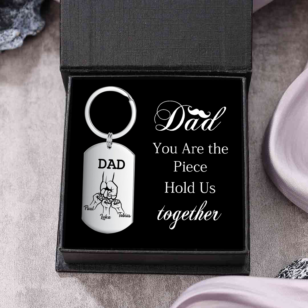 3 Names - Customized Dad Fist Keychain Set l Gift Box with Gift Card f