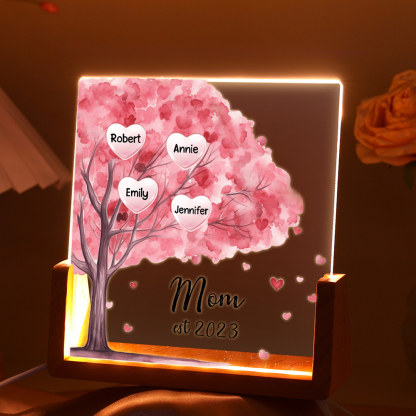 4 Names - Personalized Sakura Tree Night Light with Custom Text And Date LED Light, Gift for Mom