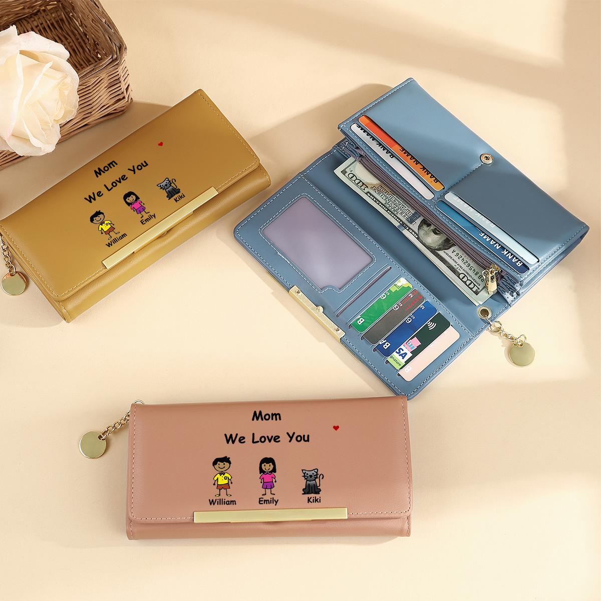 Personalized Wallet - Cartoon Character Style - 1-6 Names & 2 Texts