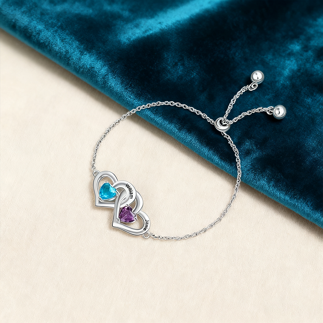 Personalized Heart Bracelet With 2 Birthstones Engraved Names Bracelet Gift For Women