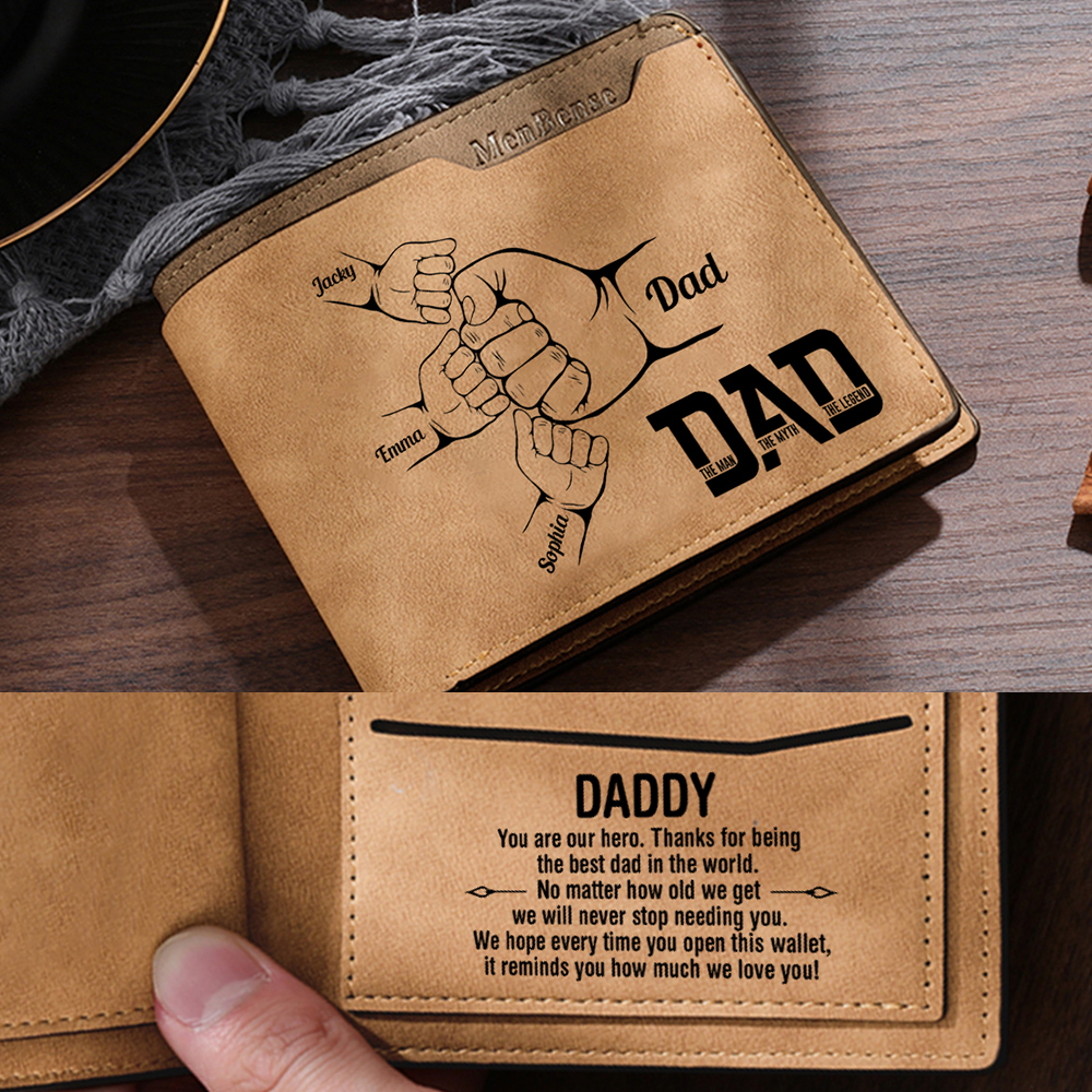 4 Names - Personalized Fist Bump Pattern Custom Name Leather Men's Wal