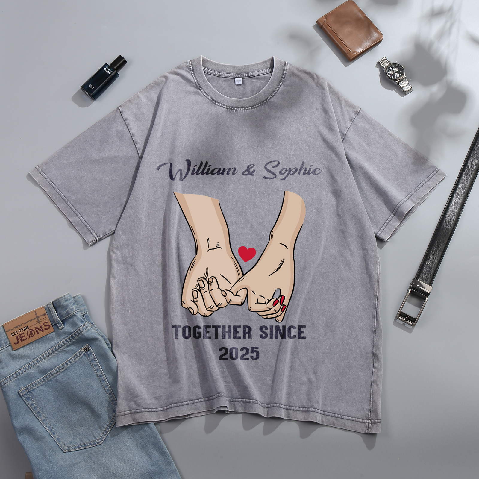 Personalised Couple T-Shirt –  with Custom 2 Names and 1 Date, Hand-in-Hand Graphic – "TOGETHER SINCE" | Valentine’s Day Gift for Him/Her | Jessemade