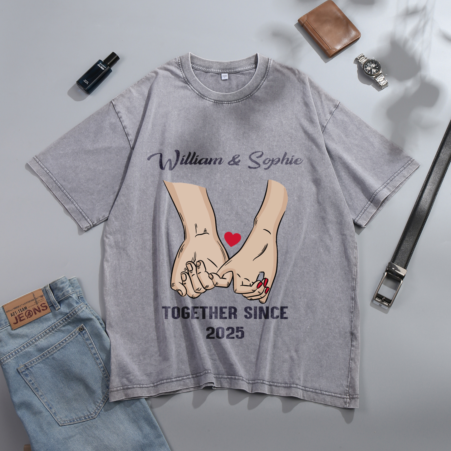 Personalised Couple T-Shirt –  with Custom 2 Names and 1 Date, Hand-in-Hand Graphic – "TOGETHER SINCE" | Valentine’s Day Gift for Him/Her | Jessemade