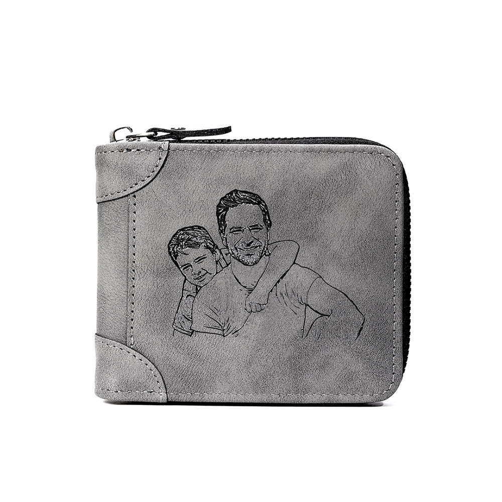 Photo Personalized Leather Zipper Men's Wallet Custom Text Fold Wallet for Dad