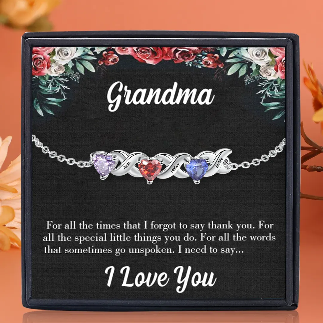 Personalized Heart Bracelet Customized With 3 Names and 3 Birthstones Family Bracelet Gift for Grandma | Jessmade