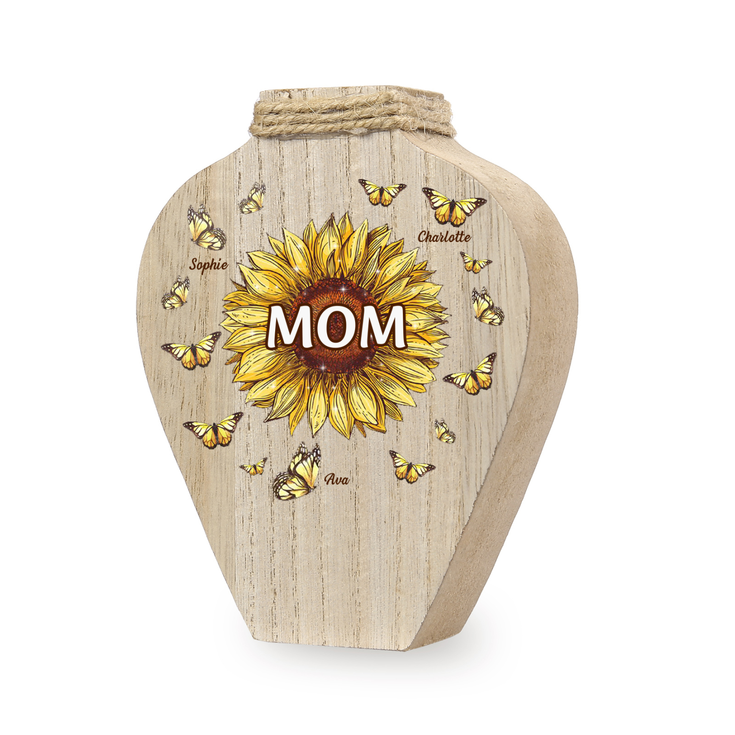 3 Names - Personalized Custom Text and Name Butterfly Style Wooden Decorative Vase as a Gift for Mom