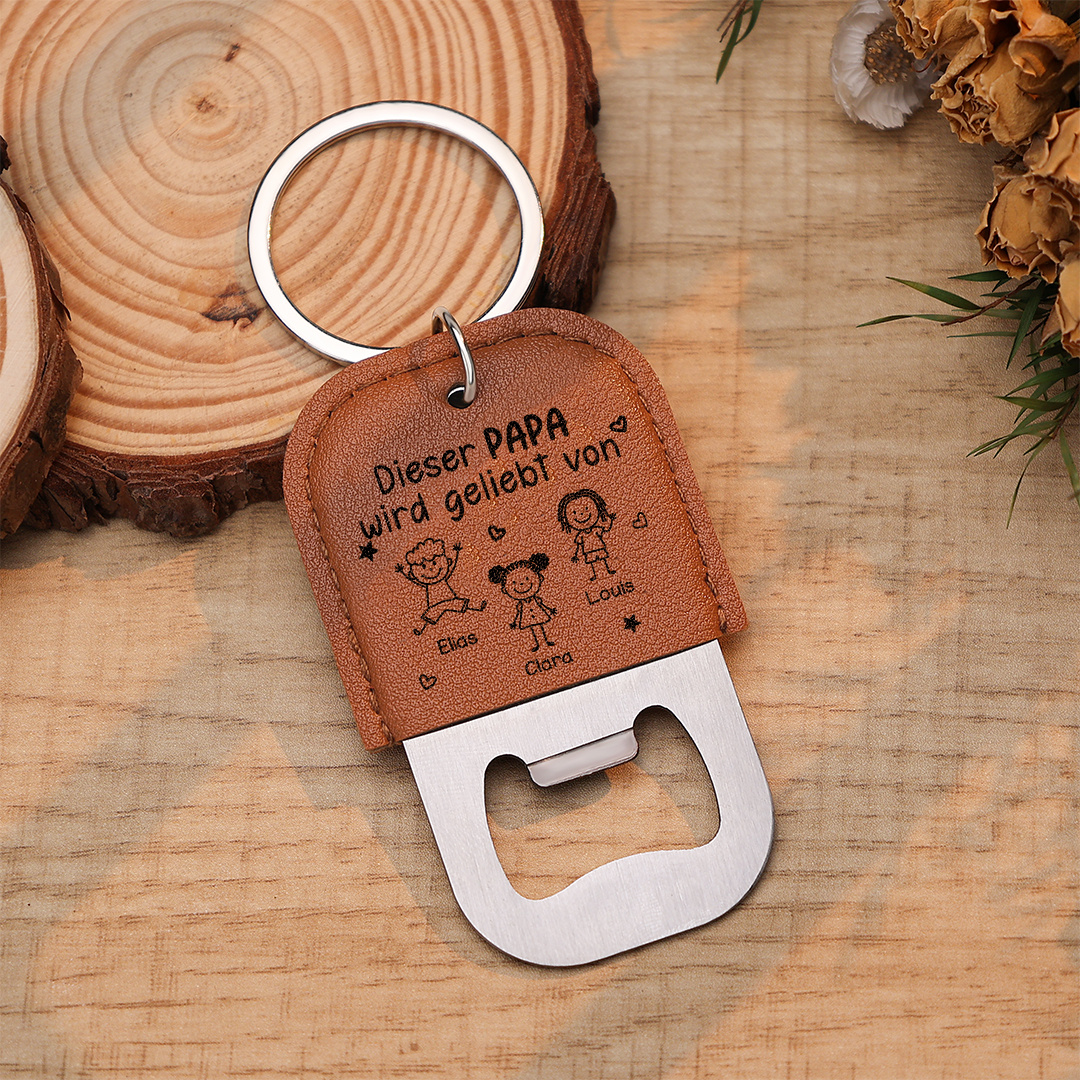 Personalized Leather Keychain with Bottle Opener and Engraving of 1 to 6 Names and Child Figures, Father’s Day Gift for Dad, Grandpa, Husband | Jessemade