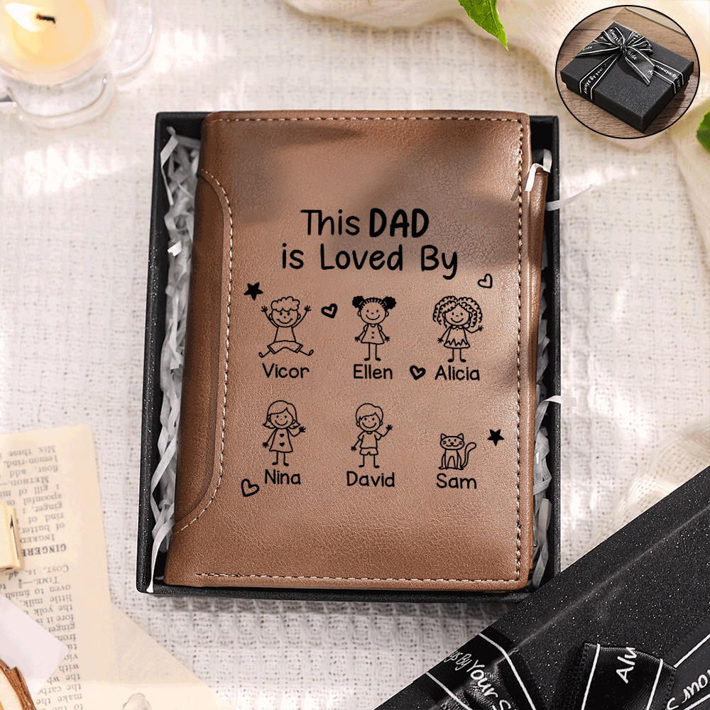 Personalized Trifold Leather Wallet Customized With 1-6 Children’s Names Gift For Dad Or Grandpa