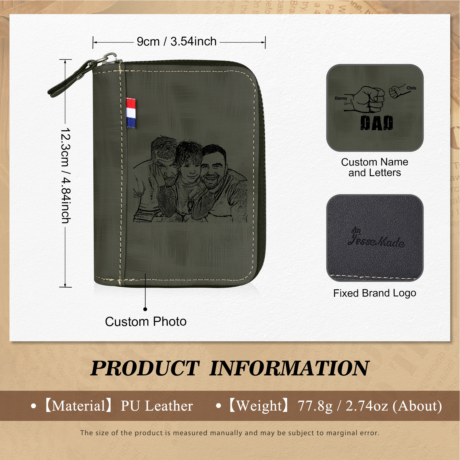 2 Names - Personalized Photo Text Custom Leather Men's Wallet Custom Name Zipper Wallet for Dad