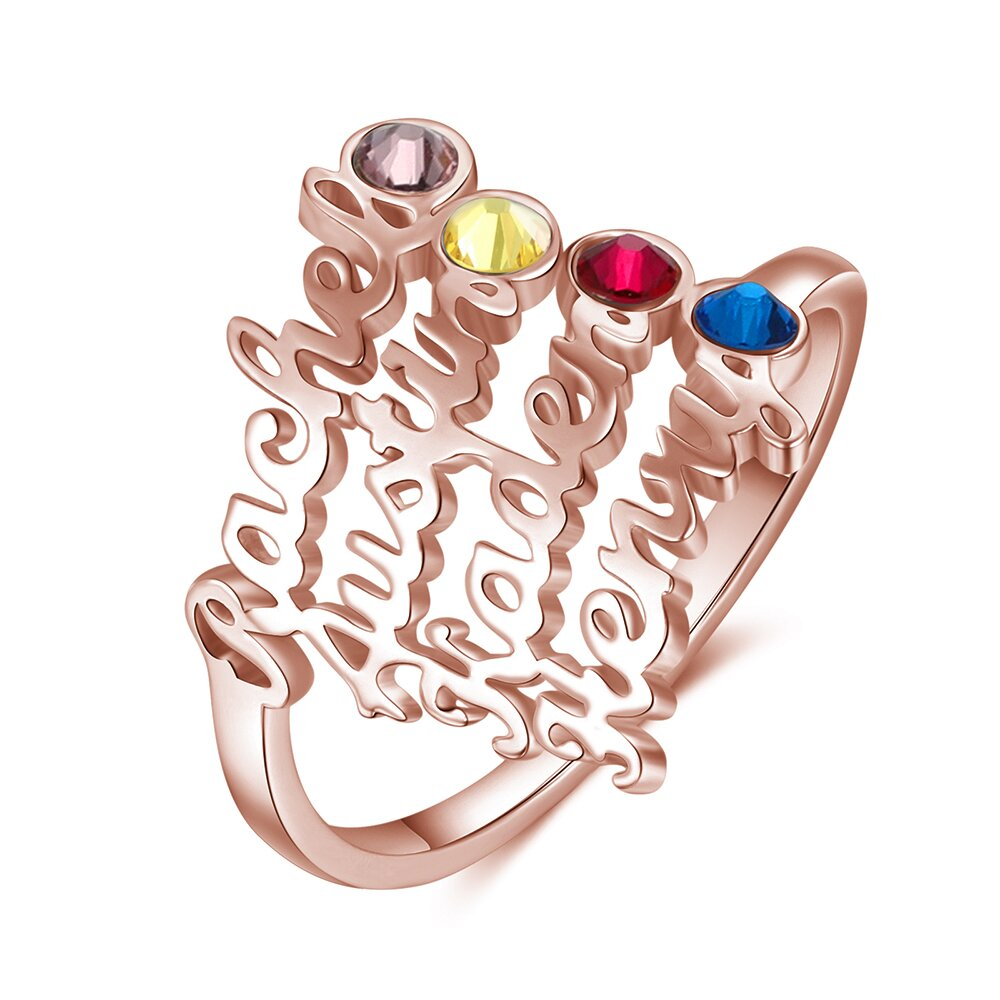 Personalized Birthstone Ring Custom 4 Names Ring Best Gift For Women