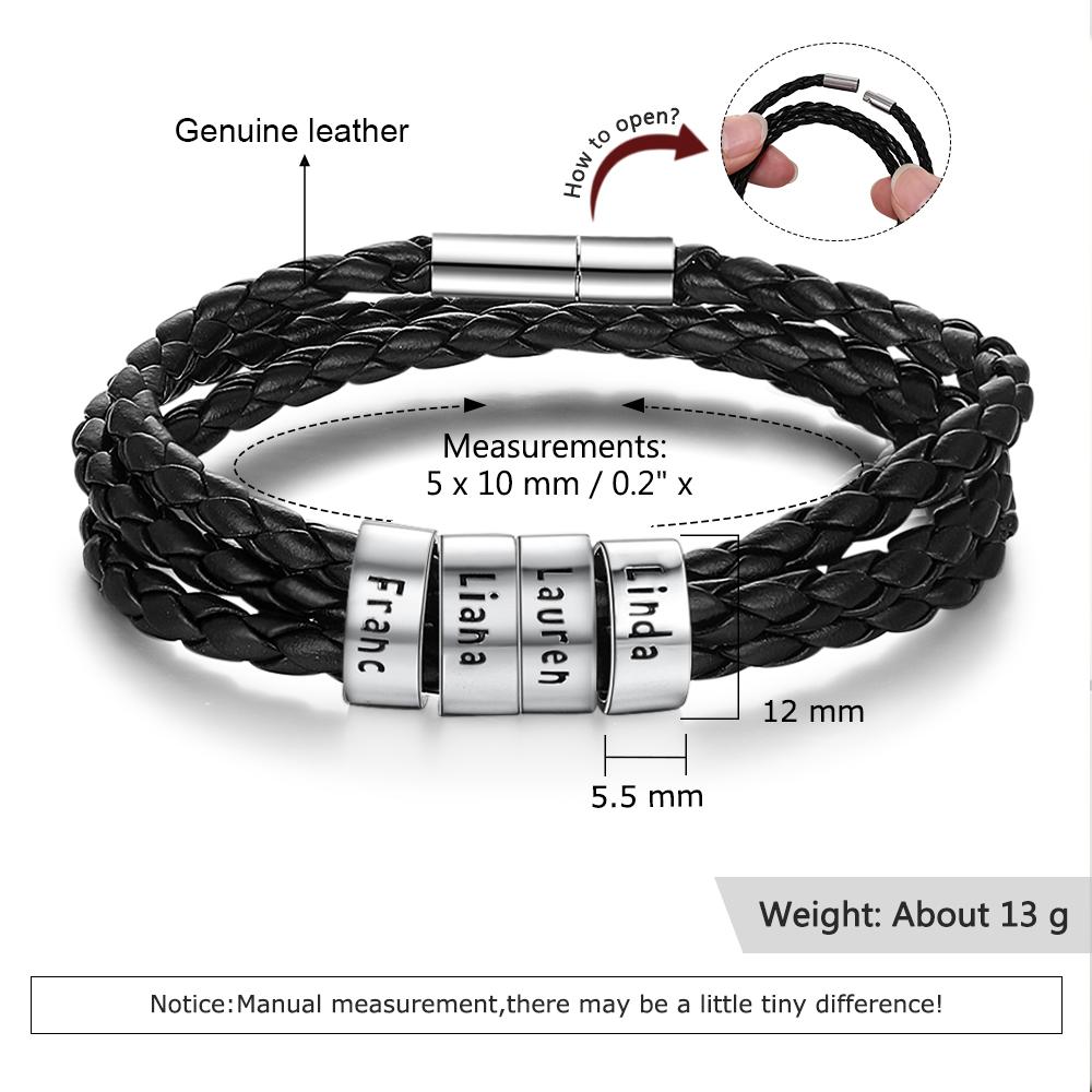 Mens Leather Braided Bracelet With 4 Custom Beads Engarved 4 Names Personalized Bracelet Black