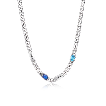 Personalized Cuban Chain Men Necklace Custom With 1-6 Names And Birthstones Gift For Dad Or Husband