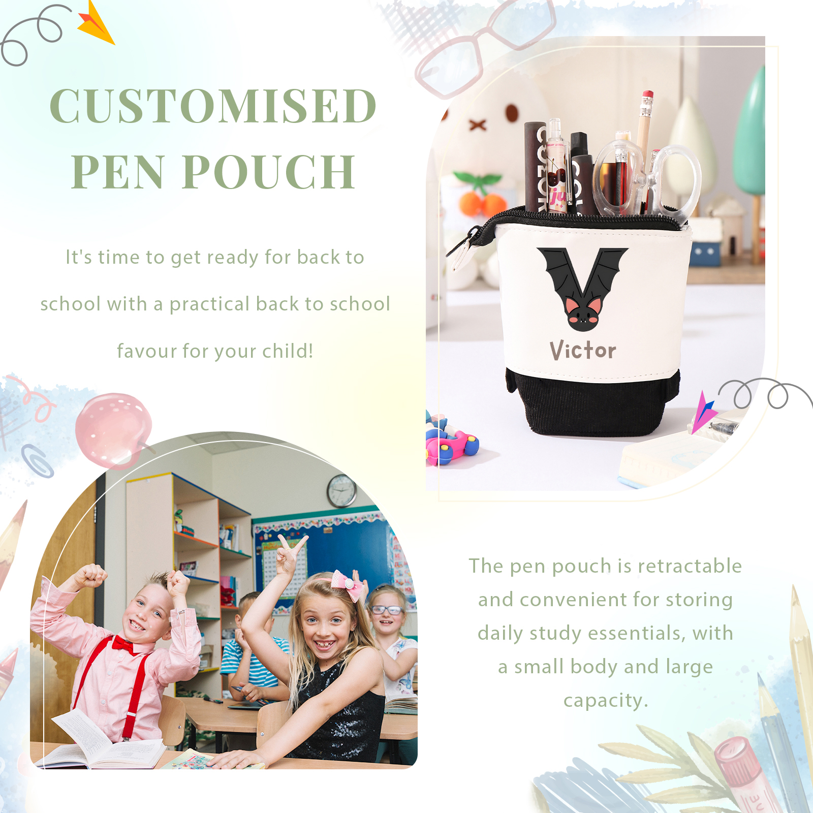 Personalized Pencil Case Custom Name & Letter Animals Pen Pouch Back To School Gift for Kids