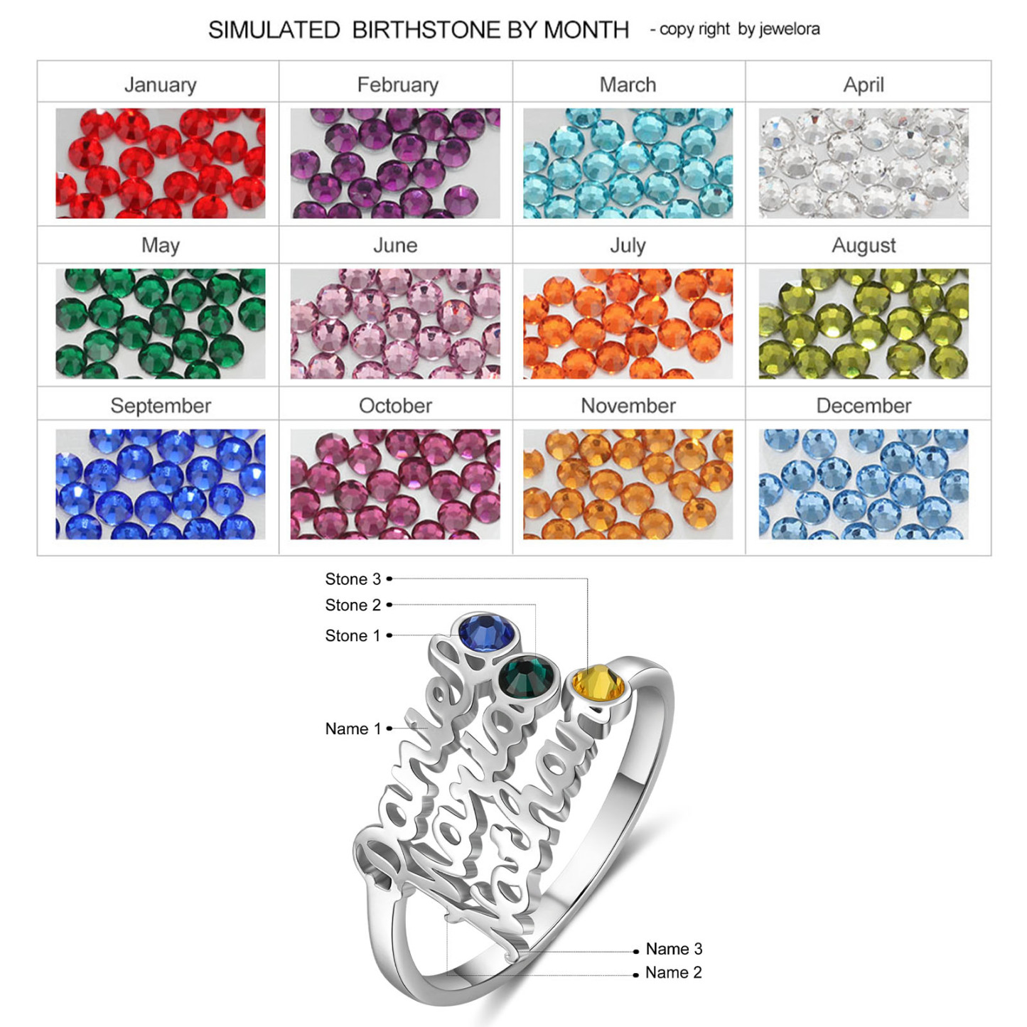 Personalized Birthstone Ring Custom 3 Names Ring Best Gift For Women
