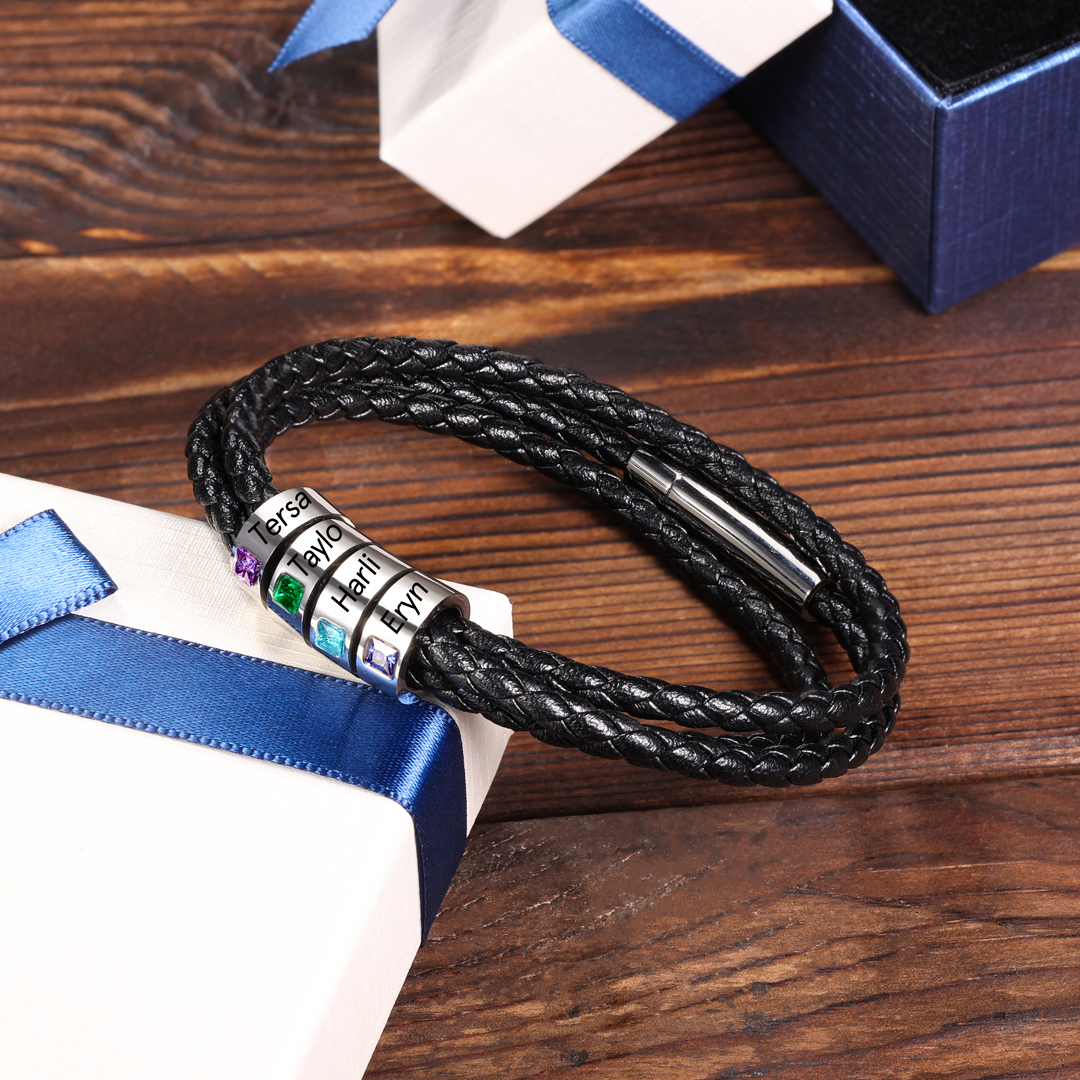 Personalized 3 Layer Leather Bracelet with 3 Beads Engraved Names Men's Bracelets for Him