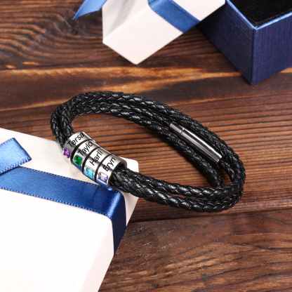 Personalized 3 Layer Leather Bracelet with 3 Beads Engraved Names Men's Bracelets for Him
