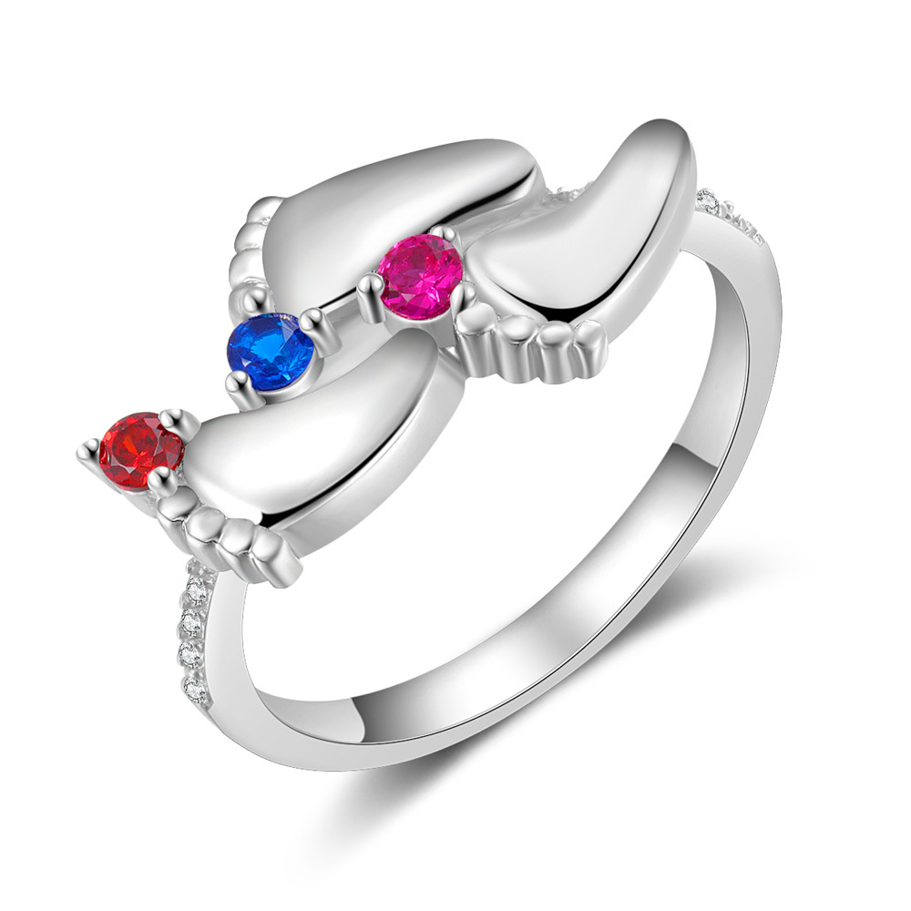 Personalized Baby Foot 925 Sliver Ring With 3 Birthstones Engraved Names Ring Gift For Women