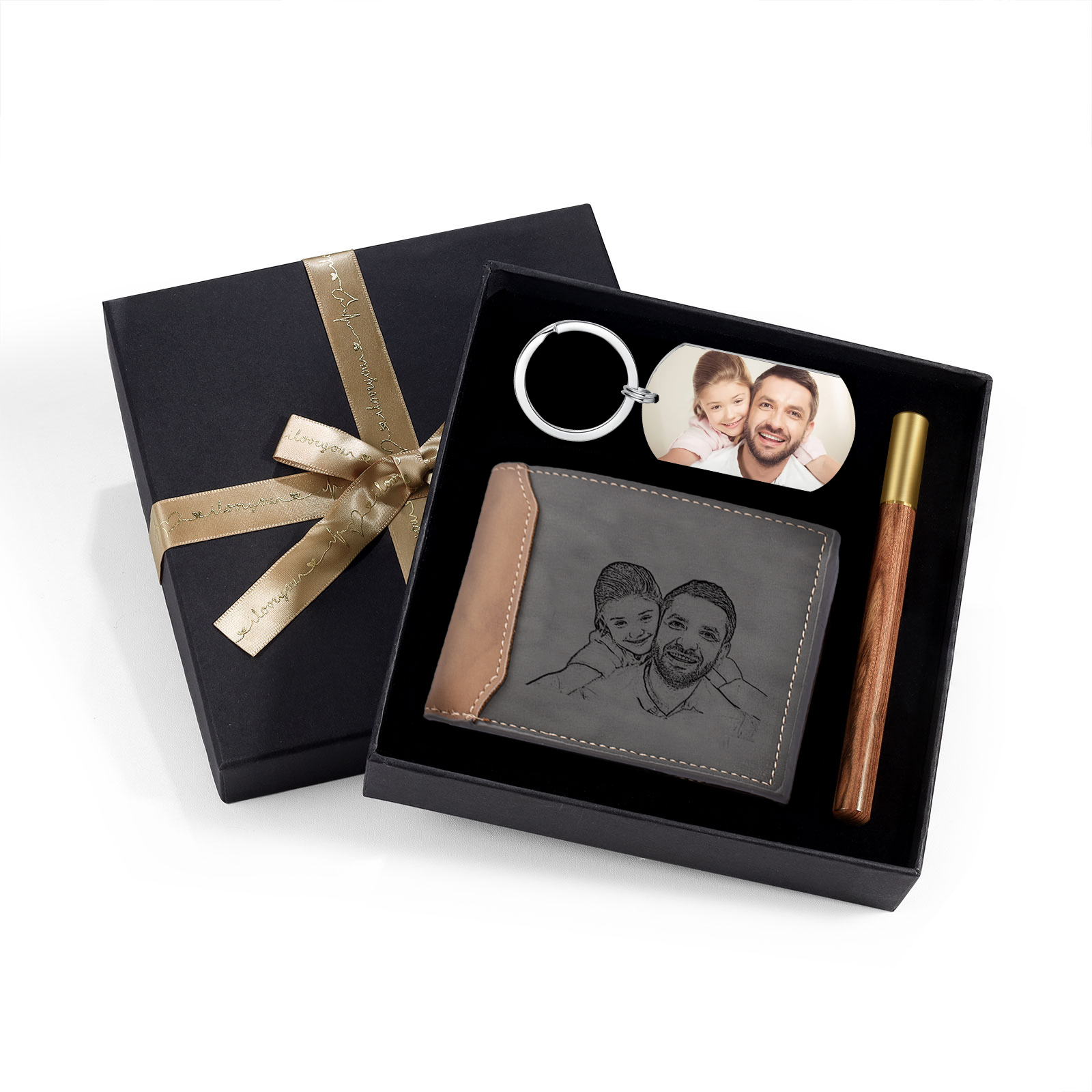 Personalized Leather Wallet Gift Box Set Keychain Strap Customizable 2 Photos 2 Text and 1 Date  Gift for Dad