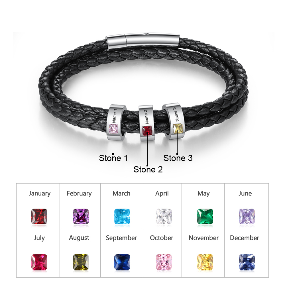 Personalized 3 Layer Leather Bracelet with 3 Beads Engraved Names Men's Bracelets for Him